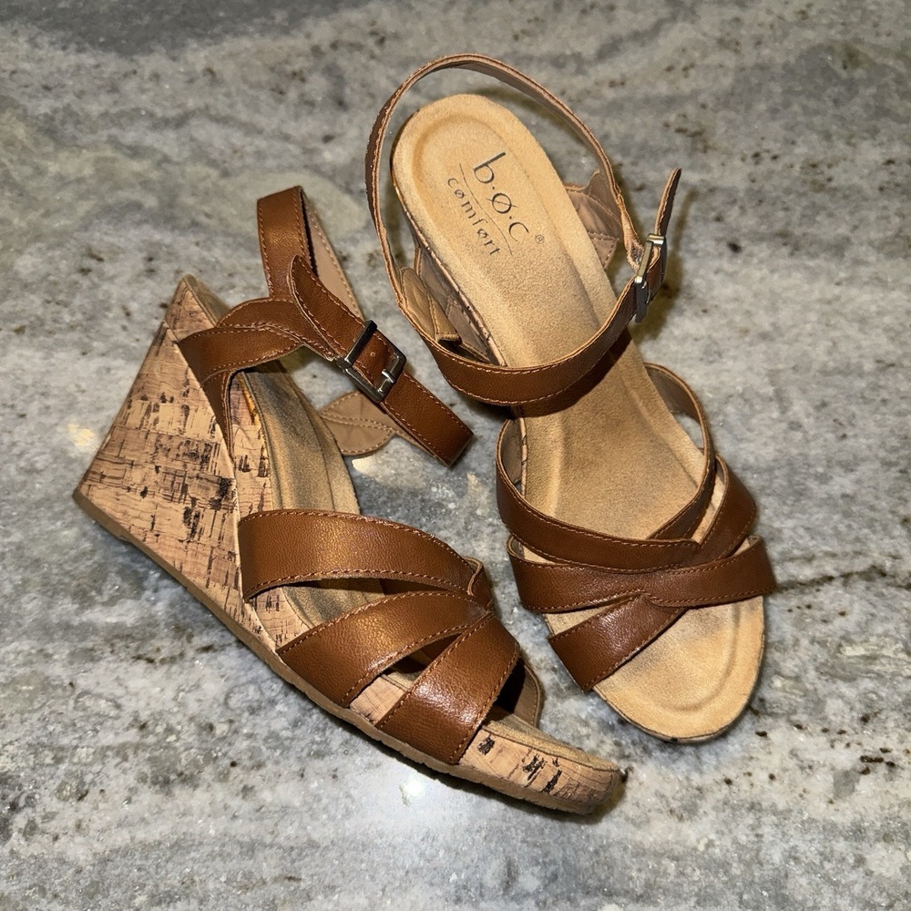 b.o.c. Comfort Cork Wedge Sandals Women's 10 M Brown Leather Strappy Buckle
